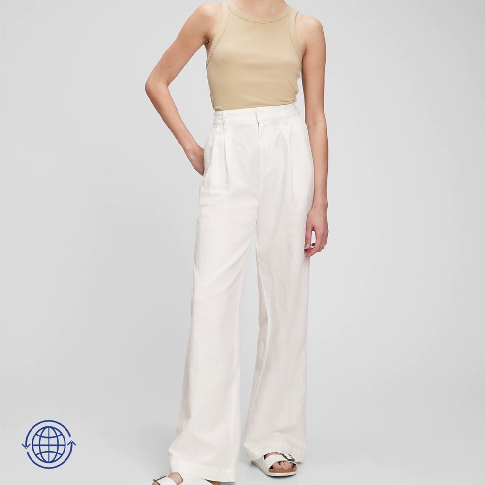 NWT GAP High Rise Linen-Cotton Pleated Wide Leg Pants with Washwell in white